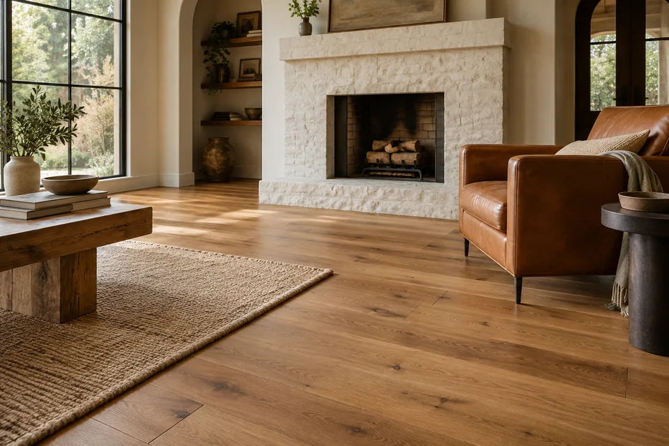 warm living room with caramel leather armchair, long oak floorboards and a textured white fireplace