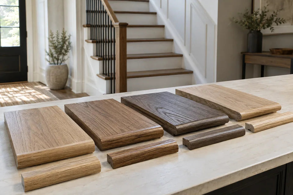 Stair tread and matching nosing samples neatly aligned on a pale workshop table