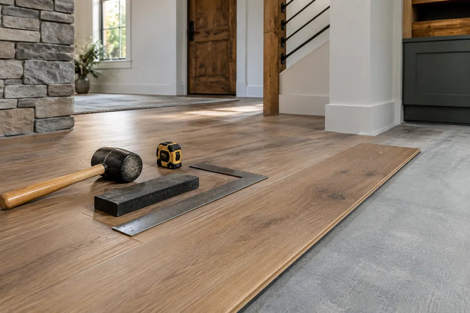 Rubber mallet, tape measure, tapping block and carpenter square neatly arranged beside a floor plank