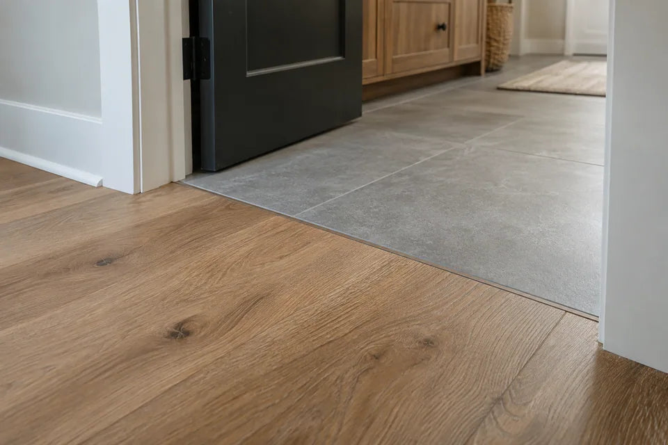 finished transition between warm oak flooring and gray porcelain tile at a doorway, close low view