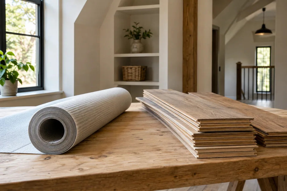 short roll of flooring underlayment beside neatly stacked plank samples on a clean workbench