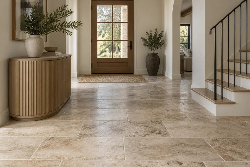 Honed travertine floor tiles with natural variation in a quiet entry hall with a rounded console