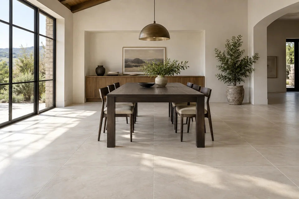 Large ivory porcelain floor tiles in a spacious dining nook with a dark oak table