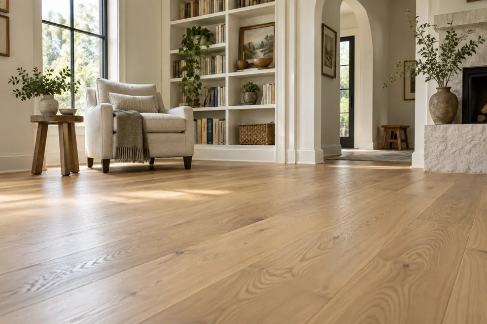Close low-angle view across natural oak floorboards in a cream reading room, distinct varied grain