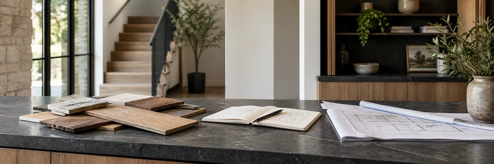 Distinct flooring samples, open notebook and folded architectural drawings on a long charcoal consultation counter