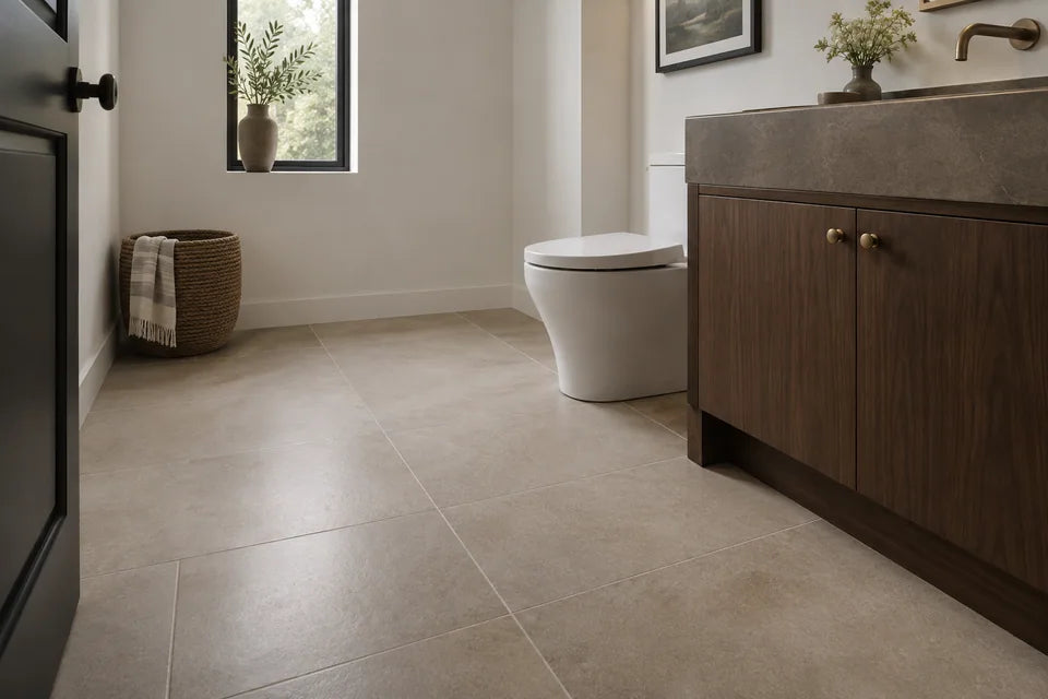 powder room with taupe floor tile, dark walnut vanity and white wall paint, flooring dominant