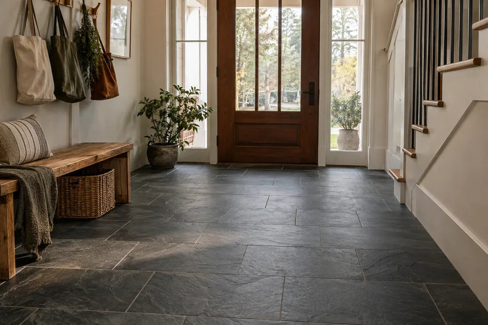 working family entryway with slate-look floor tile, a wooden bench and hanging canvas bags