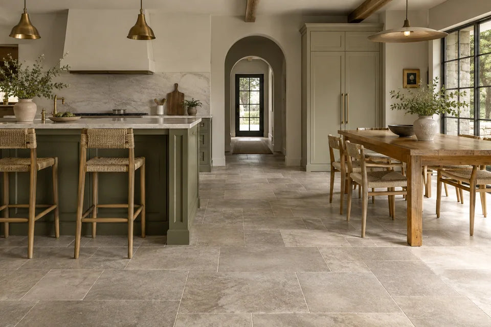 Kitchen and dining space with a muted olive island, stone-look floor tiles and an oak breakfast table