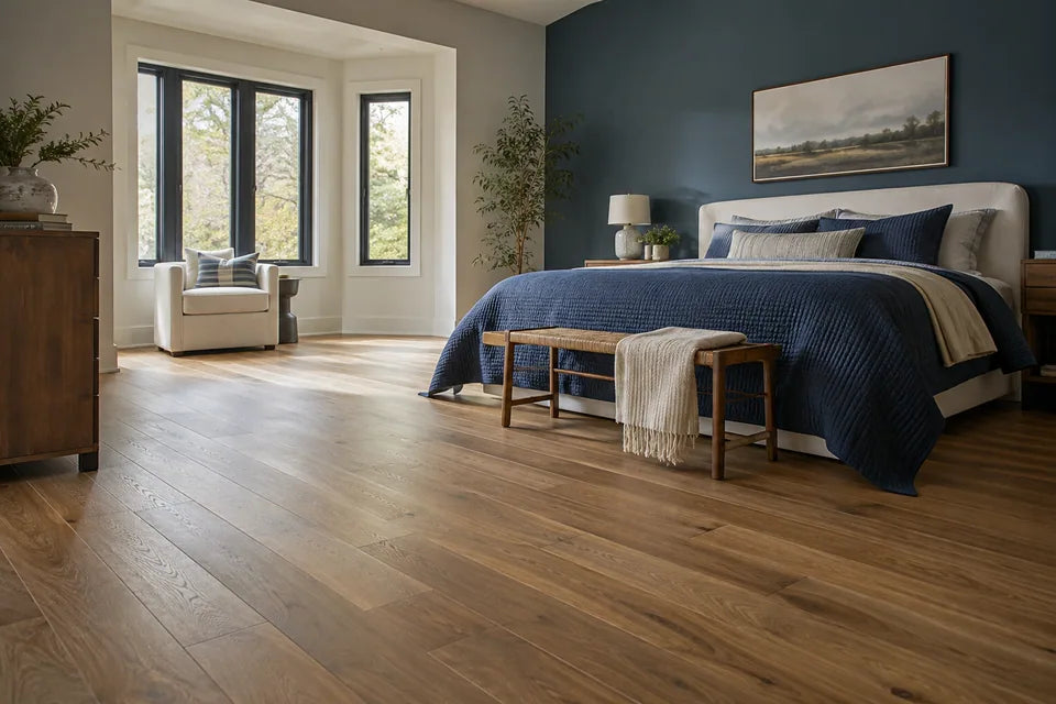 inviting bedroom with warm wood flooring, a deep blue bedspread and generous uncluttered floor space
