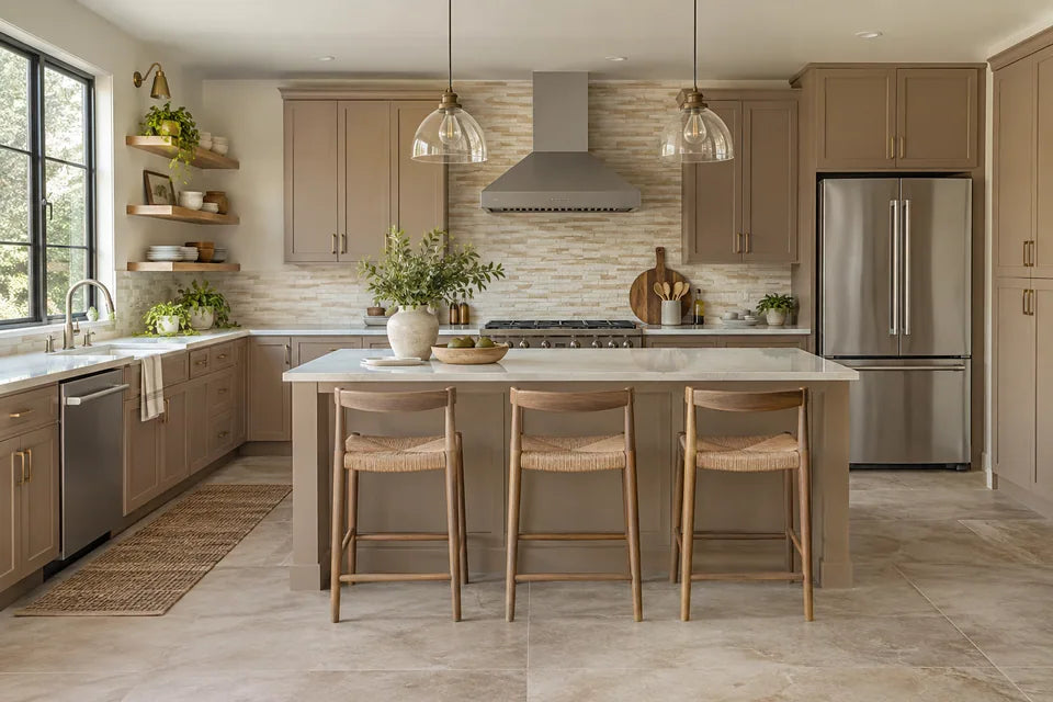 Attainable bright kitchen with muted clay cabinetry, stainless range and refrigerator, cream stacked backsplash and a broad stone-look tile floor