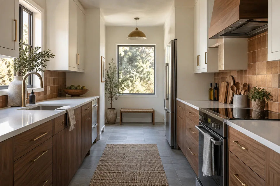 White and walnut galley kitchen with induction range, light slate-look flooring and a clay backsplash