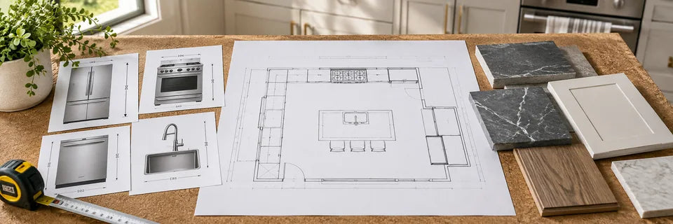 Kitchen layout drawing with appliance dimension cards and slate samples on a cork desk