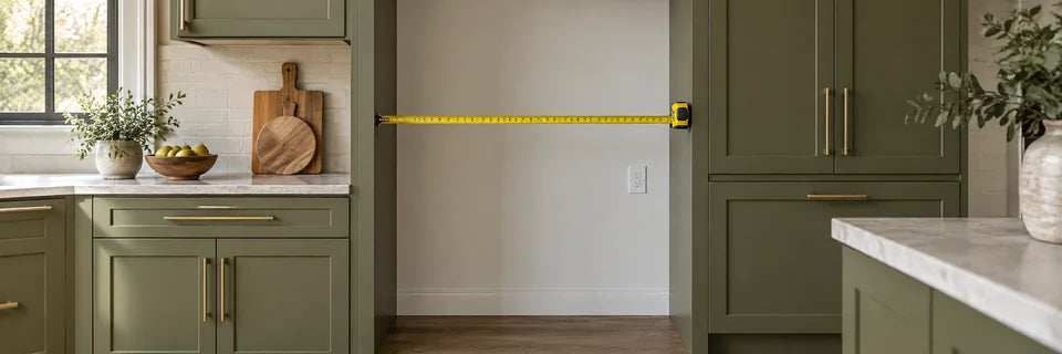 Tape measure across an empty refrigerator opening in an olive kitchen with an adjacent outlet