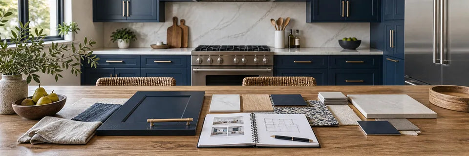 Indigo kitchen finish samples and a project notebook arranged across a long oak consultation table