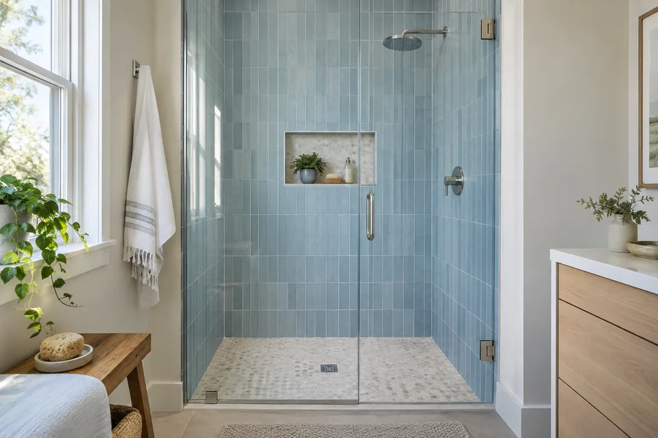 Compact walk-in shower with pale blue vertical tile, ivory mosaic floor, frameless glass door and chrome controls