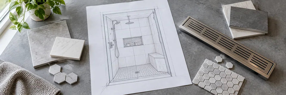 Shower layout drawing beside a drain sample and tile samples on a gray worktable