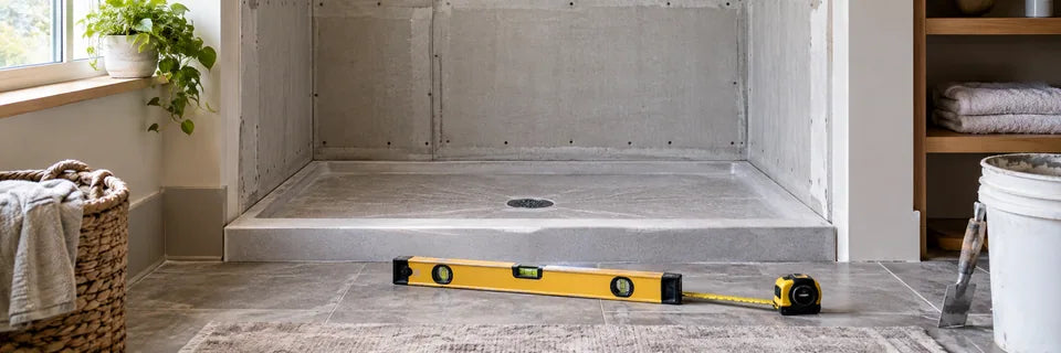 Tape measure and level resting beside a dry shower base under preparation with no exposed unfinished plumbing