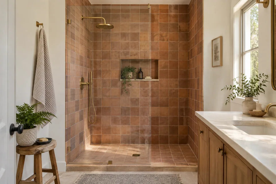 Terracotta tiled shower with brass fittings and a frameless screen in a pale bathroom