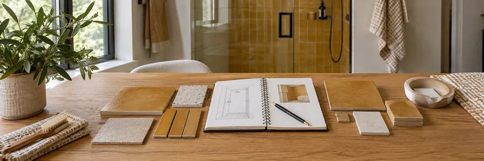 Ochre shower finish samples and a project notebook arranged across a long oak consultation table