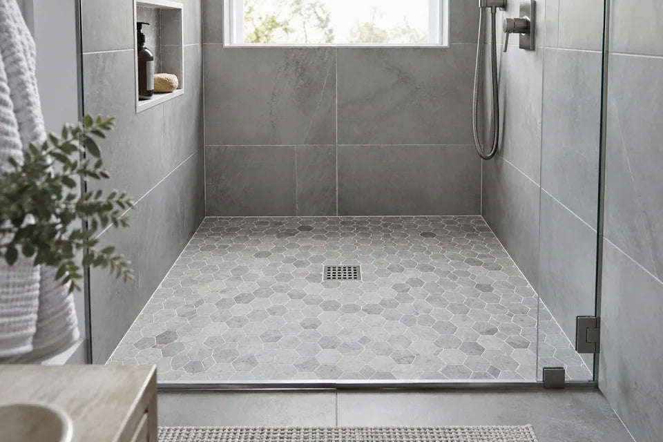 Shower floor tile and drain in a shower interior